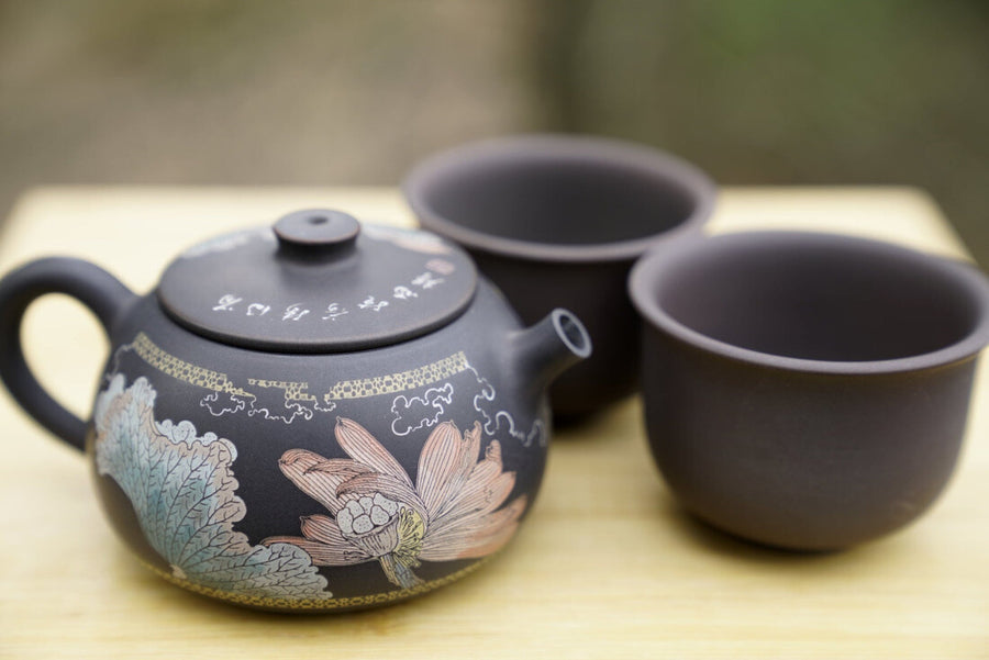 Tea Ware - Artisan Jian Shui Purple Clay Color Inscribed Lotus Teapot
