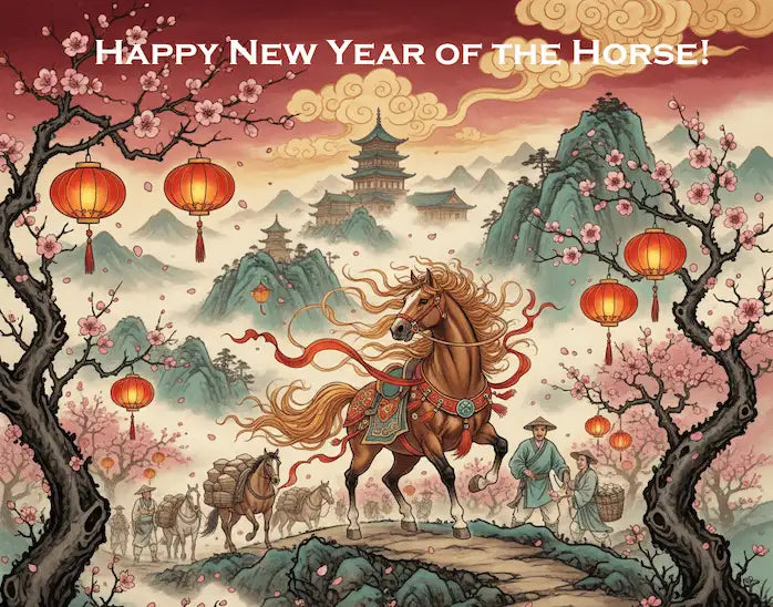 A majestic brown horse with flowing golden mane and ornate red-and-gold harness, galloping through a festive chinese new year landscape adorned with cherry blossoms and glowing lanterns.