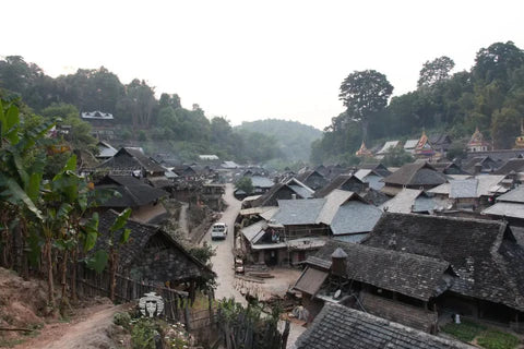 The image shows a traditional village with wooden houses featuring dark, sloped roofs and golden-tipped spires.