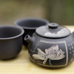 Artisan Jian Shui Purple Clay Flower Inscribed Tea Set
