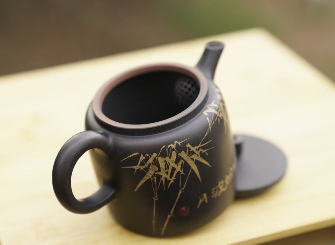Artisan Jian Shui Purple Clay Inscribed Bamboo Teapot