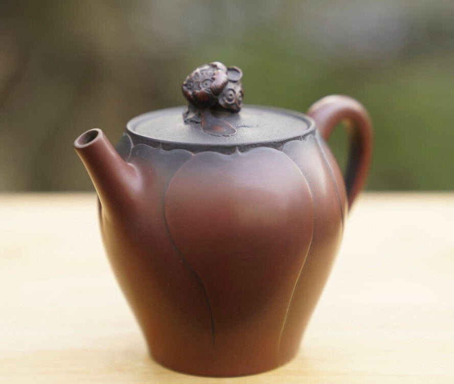 Artisan Jian Shui Purple Clay Lotus Relief and Sculpture Teapot
