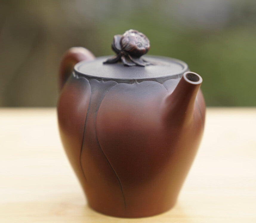 Artisan Jian Shui Purple Clay Lotus Relief and Sculpture Teapot