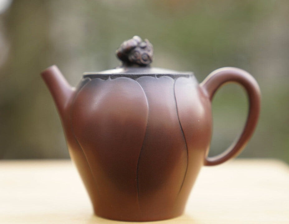 Artisan Jian Shui Purple Clay Lotus Relief and Sculpture Teapot