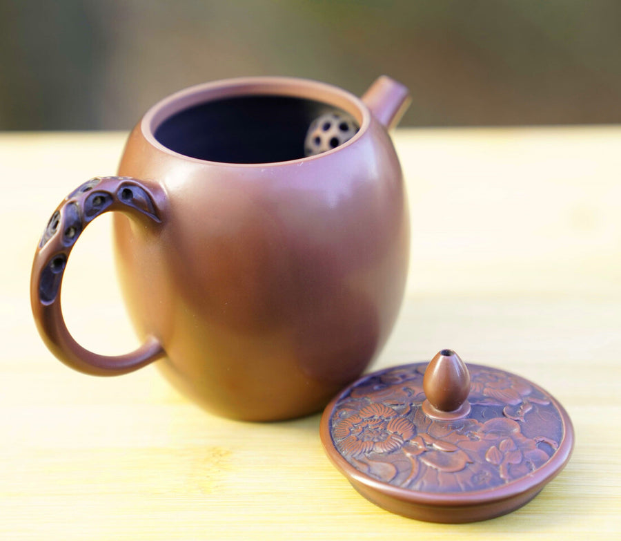 Tea Ware - Artisan Jian Shui Purple Clay Lotus Relief Tall Teapot