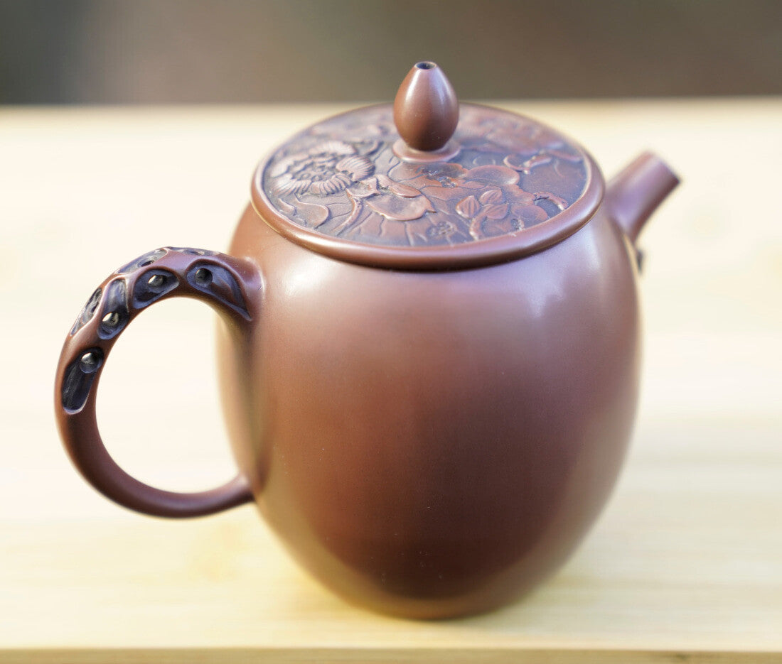 Artisan Jian Shui Purple Clay Lotus Relief Tall Teapot