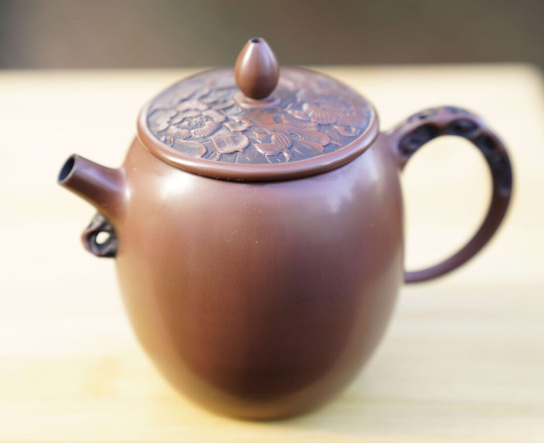 Artisan Jian Shui Purple Clay Lotus Relief Tall Teapot