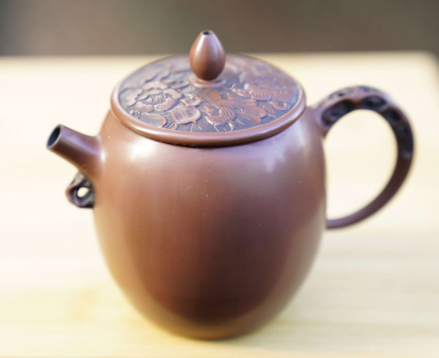 Tea Ware - Artisan Jian Shui Purple Clay Lotus Relief Tall Teapot