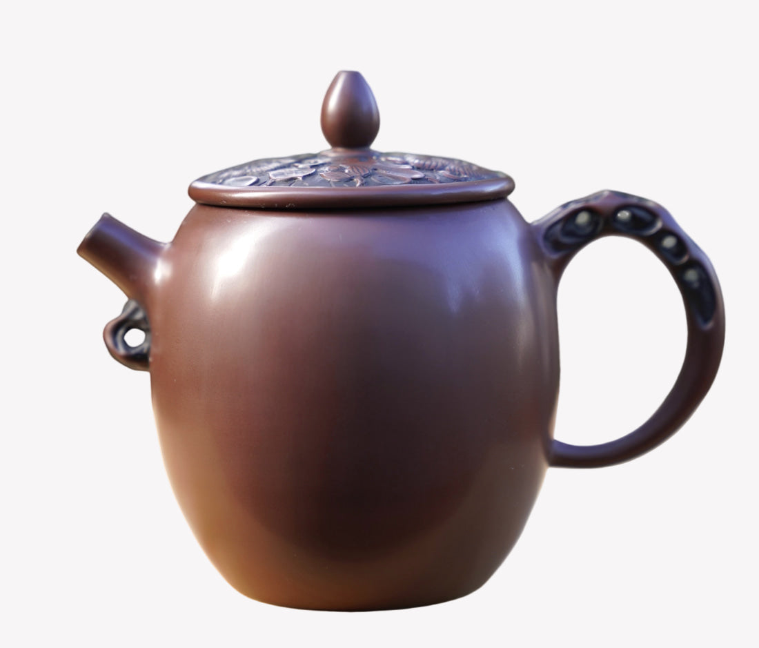 Artisan Jian Shui Purple Clay Lotus Relief Tall Teapot