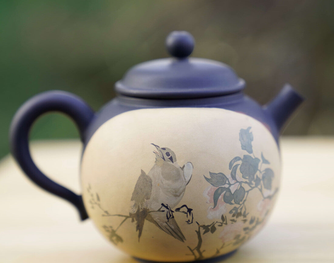 Artisan Jian Shui Purple Clay Teapot Inscribed Bird