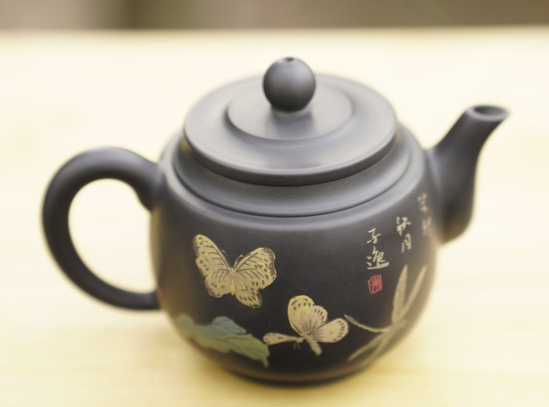 Artisan Jian Shui Purple Clay Teapot Flower and Butterfly Painted Inscribed Carving