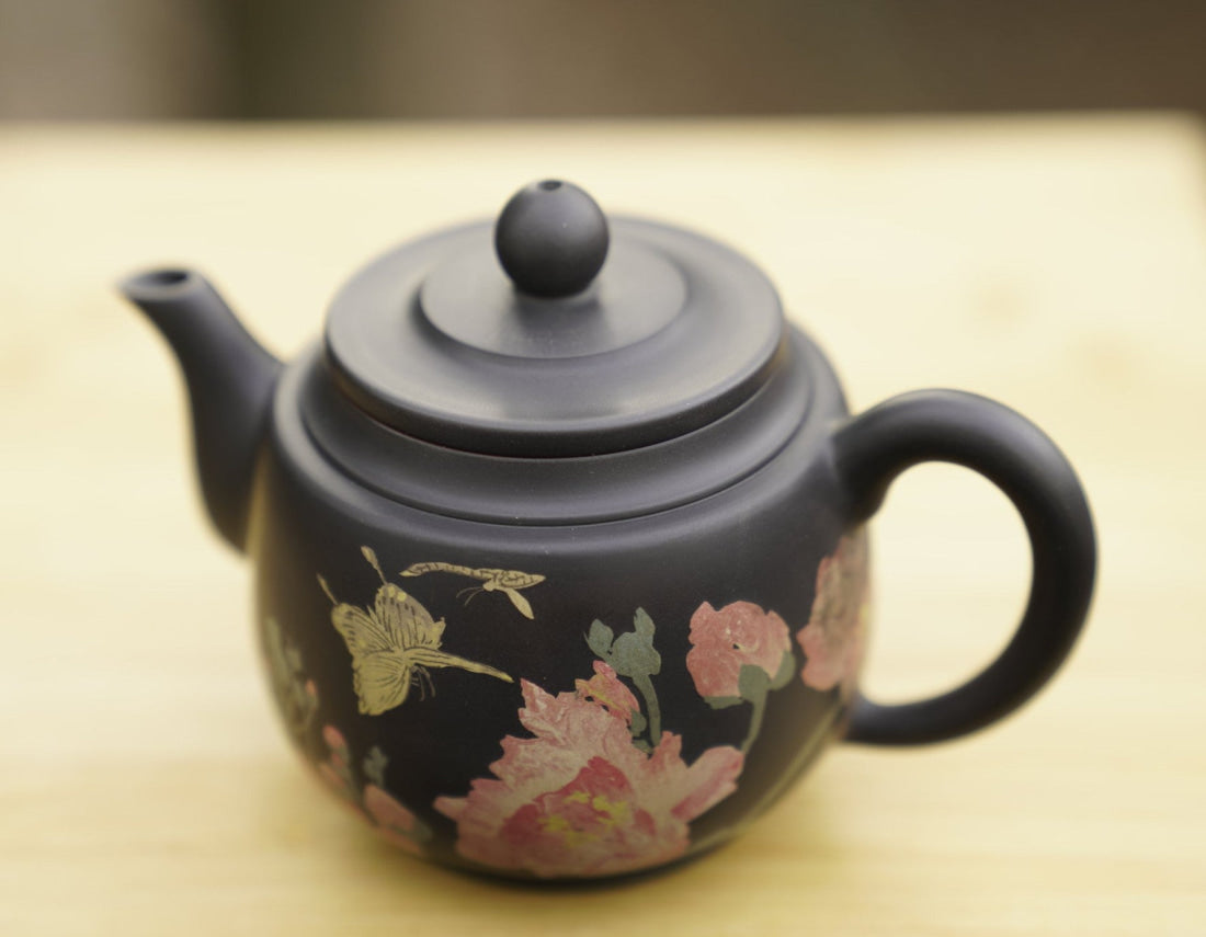 Artisan Jian Shui Purple Clay Teapot Flower and Butterfly Painted Inscribed Carving