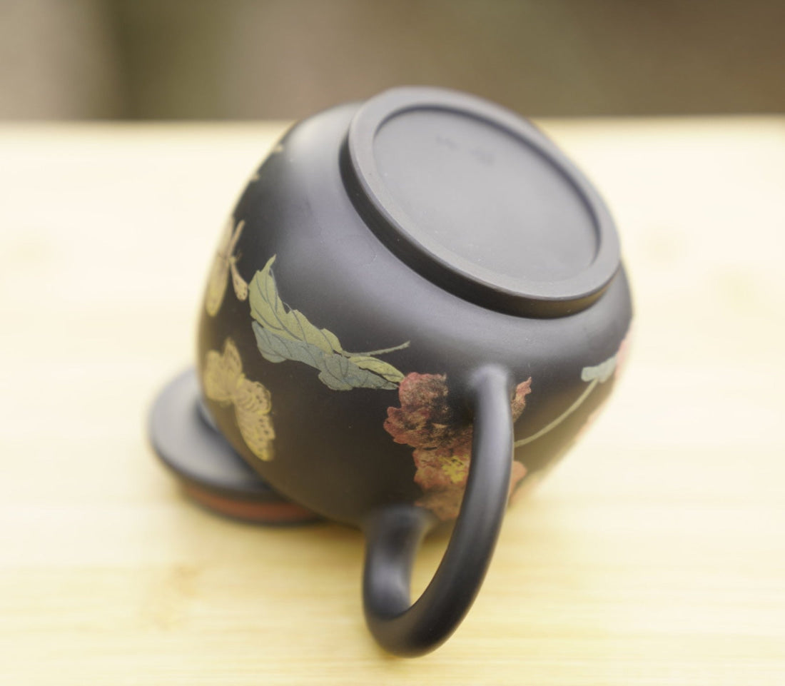Artisan Jian Shui Purple Clay Teapot Flower and Butterfly Painted Inscribed Carving