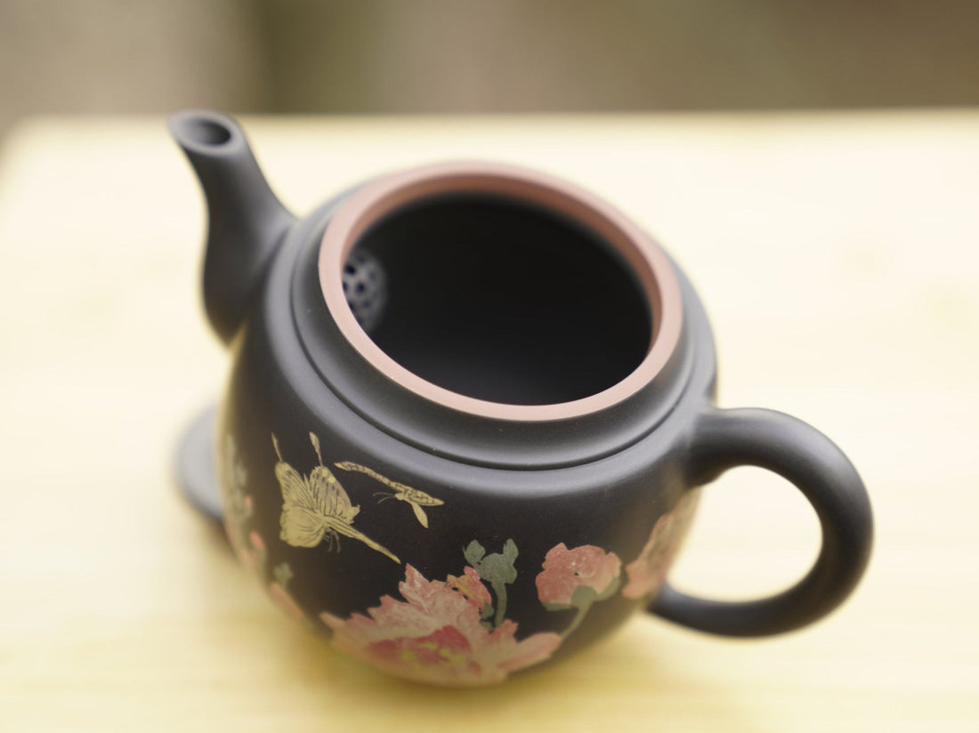 Artisan Jian Shui Purple Clay Teapot Flower and Butterfly Painted Inscribed Carving