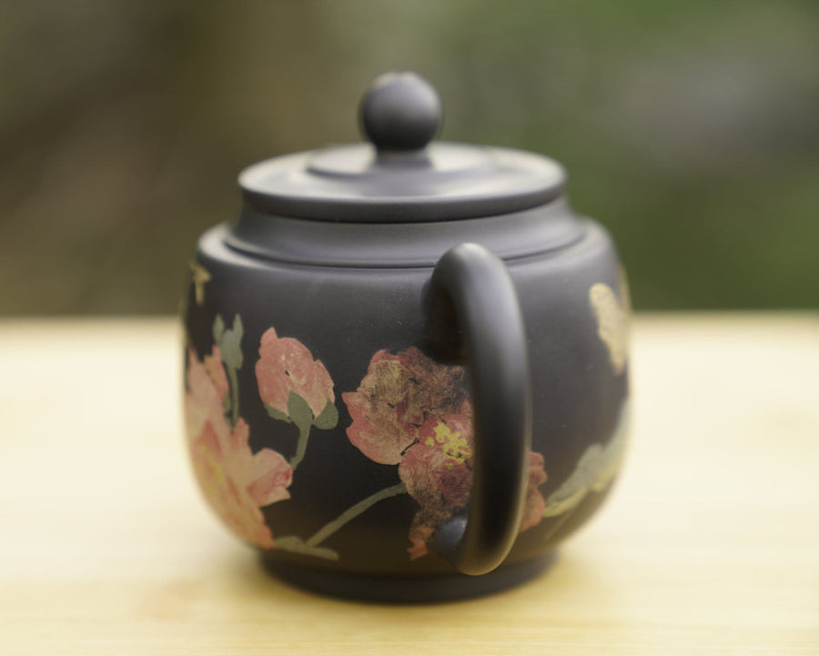 Artisan Jian Shui Purple Clay Teapot Flower and Butterfly Painted Inscribed Carving