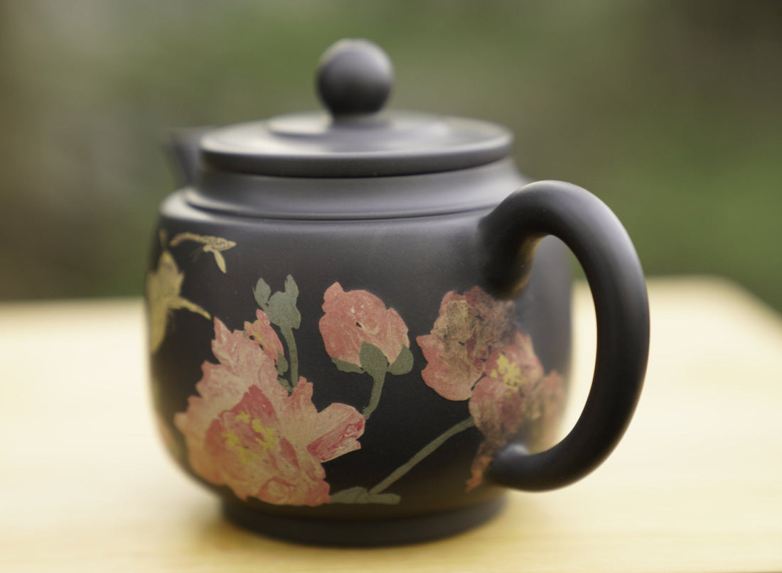 Artisan Jian Shui Purple Clay Teapot Flower and Butterfly Painted Inscribed Carving