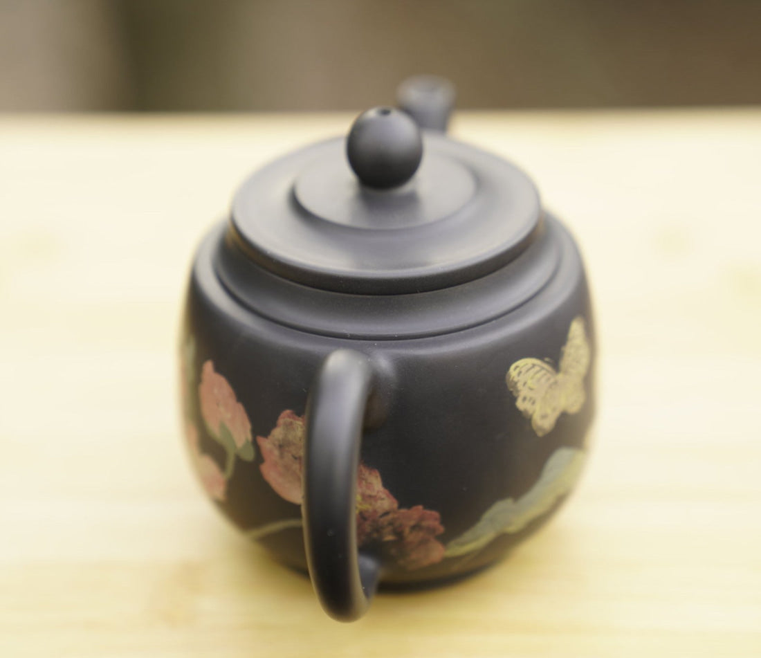 Artisan Jian Shui Purple Clay Teapot Flower and Butterfly Painted Inscribed Carving
