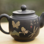 Artisan Jian Shui Purple Clay Teapot Flower and Butterfly Painted Inscribed Carving