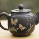 Artisan Jian Shui Purple Clay Teapot Flower and Butterfly Painted Inscribed Carving