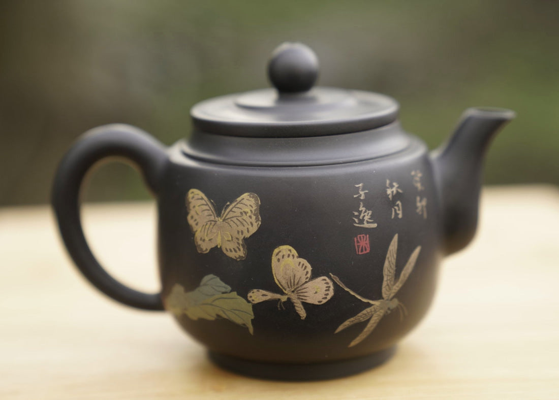 Artisan Jian Shui Purple Clay Teapot Flower and Butterfly Painted Inscribed Carving
