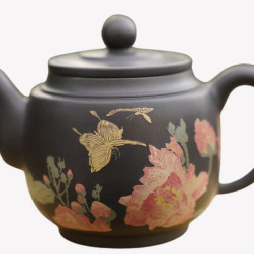 Artisan Jian Shui Purple Clay Teapot Flower and Butterfly Painted Inscribed Carving