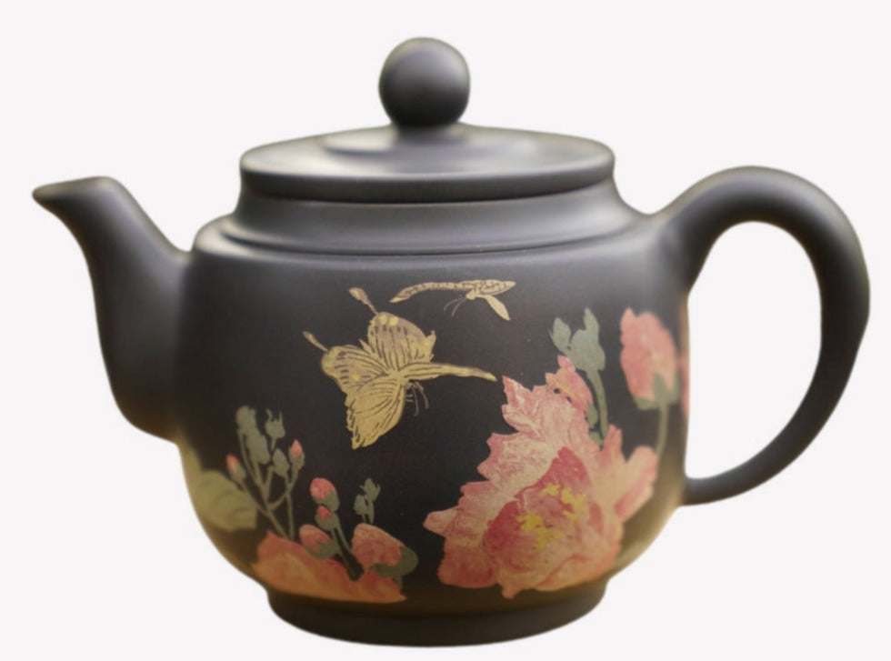 Artisan Jian Shui Purple Clay Teapot Flower and Butterfly Painted Inscribed Carving