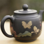 Artisan Jian Shui Purple Clay Teapot Flower and Butterfly Painted Inscribed Carving