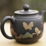 Artisan Jian Shui Purple Clay Teapot Flower and Butterfly Painted Inscribed Carving