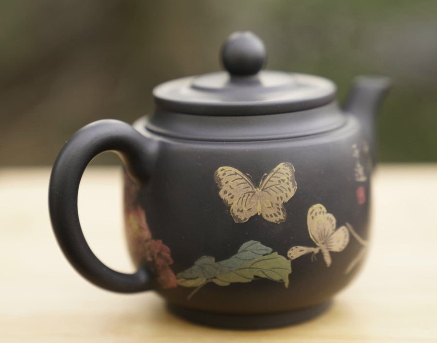 Artisan Jian Shui Purple Clay Teapot Flower and Butterfly Painted Inscribed Carving