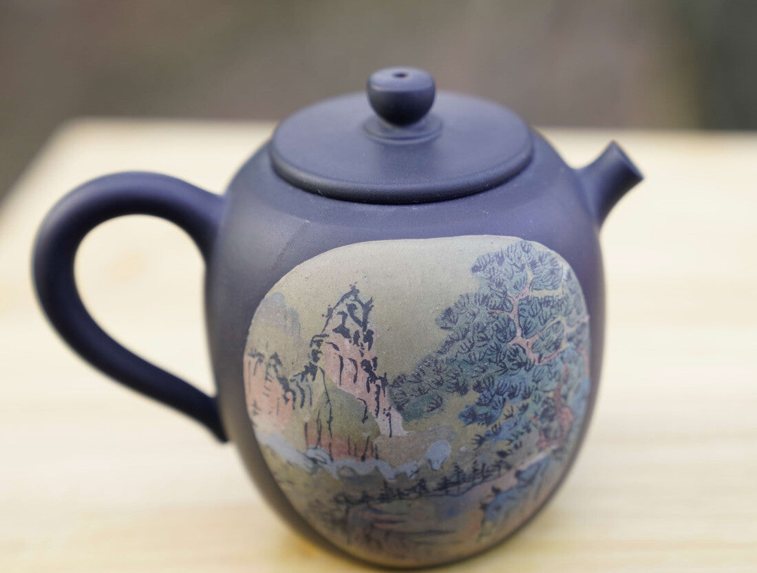 Artisan Jian Shui Purple Clay Teapot Inscribed Carving Mountainside