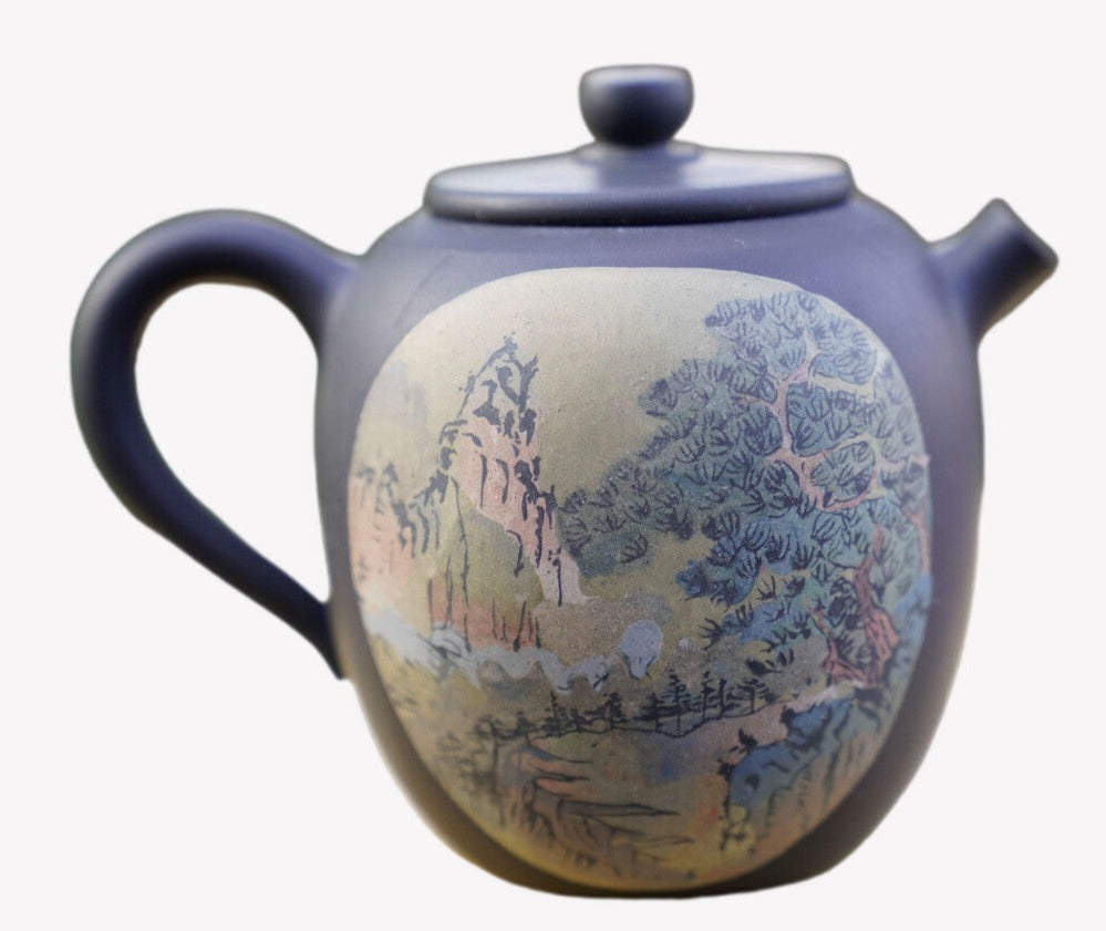Artisan Jian Shui Purple Clay Teapot Inscribed Carving Mountainside