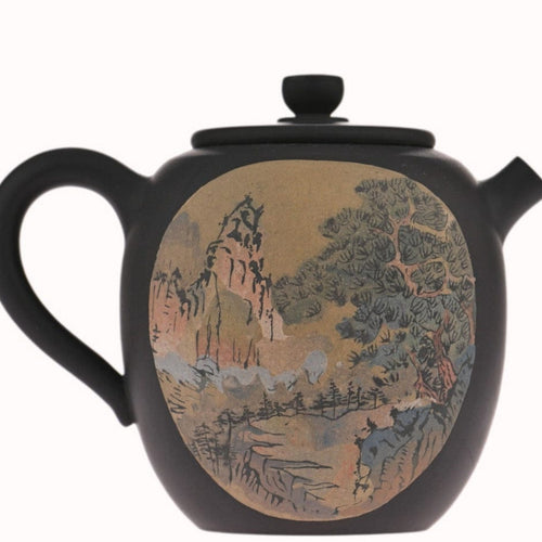 Artisan Jian Shui Purple Clay Teapot Inscribed Carving Mountainside