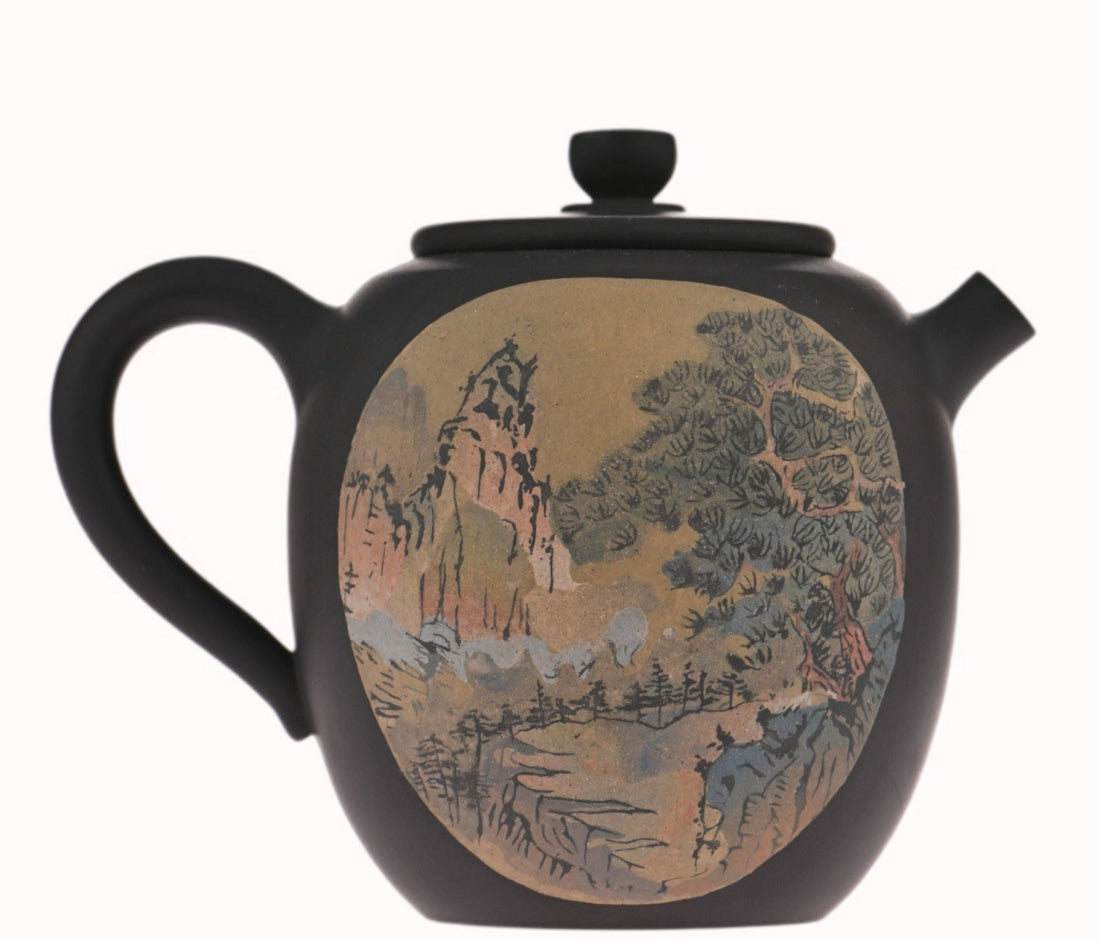Artisan Jian Shui Purple Clay Teapot Inscribed Carving Mountainside