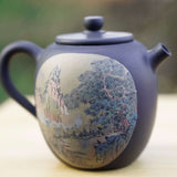Artisan Jian Shui Purple Clay Teapot Inscribed Carving Mountainside