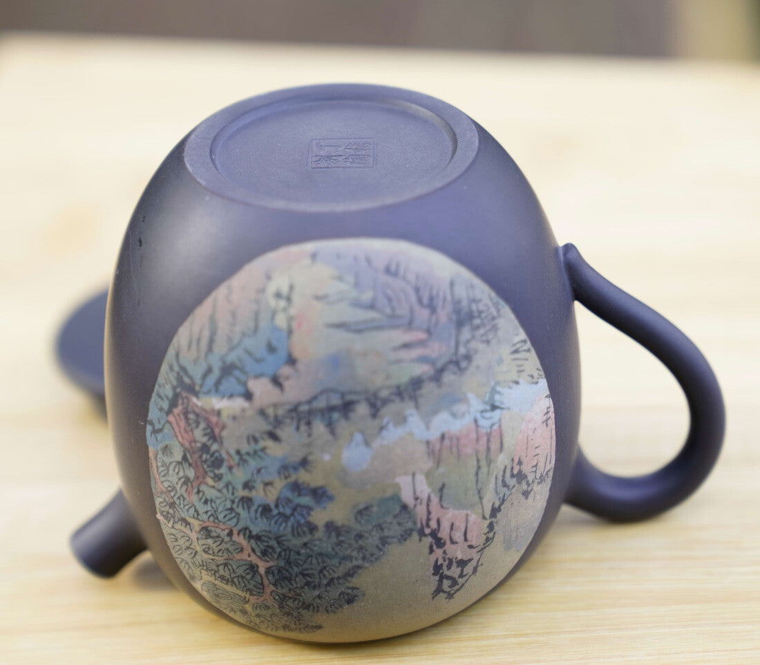 Artisan Jian Shui Purple Clay Teapot Inscribed Carving Mountainside