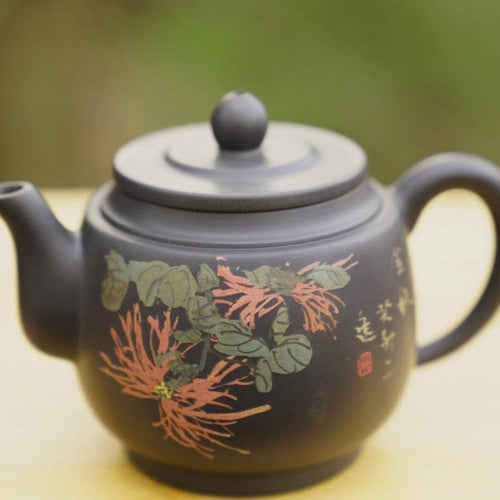 Artisan Jianshui Purple Clay Teapot Inscribed Chrysanthemum Teapot