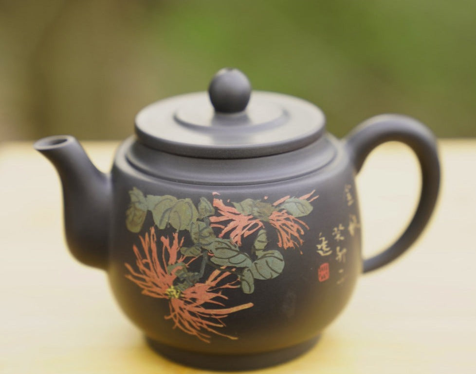 Artisan Jianshui Purple Clay Teapot Inscribed Chrysanthemum Teapot