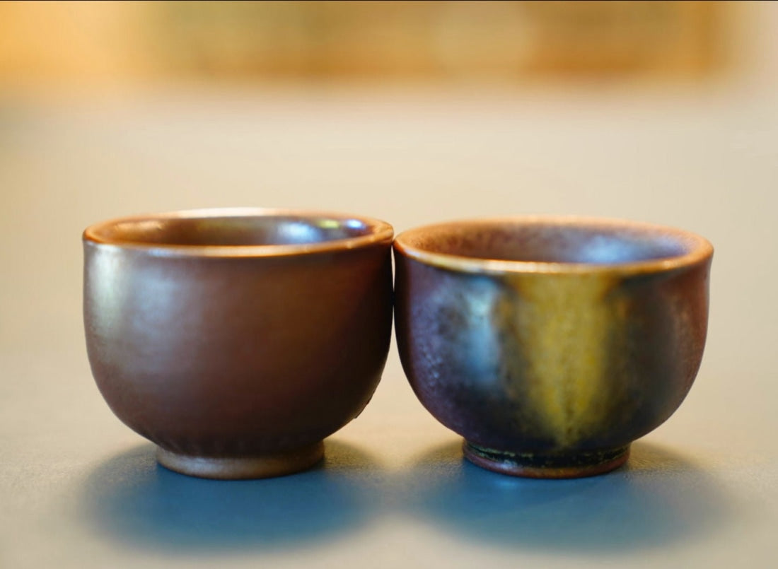 Artisan Wood fired Purple Splash Teacup Pair