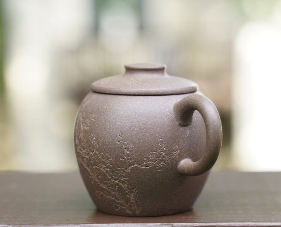 Artisan Yixing Zisha Purple Clay Big Wheel Bead Teapot Plum and Bamboo