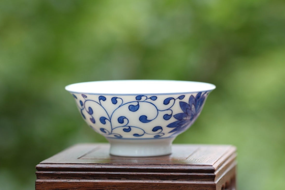 Blue and White Porcelain Flower Motif Teacup Handcrafted