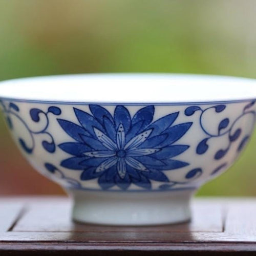 Blue and White Porcelain Flower Motif Teacup Handcrafted