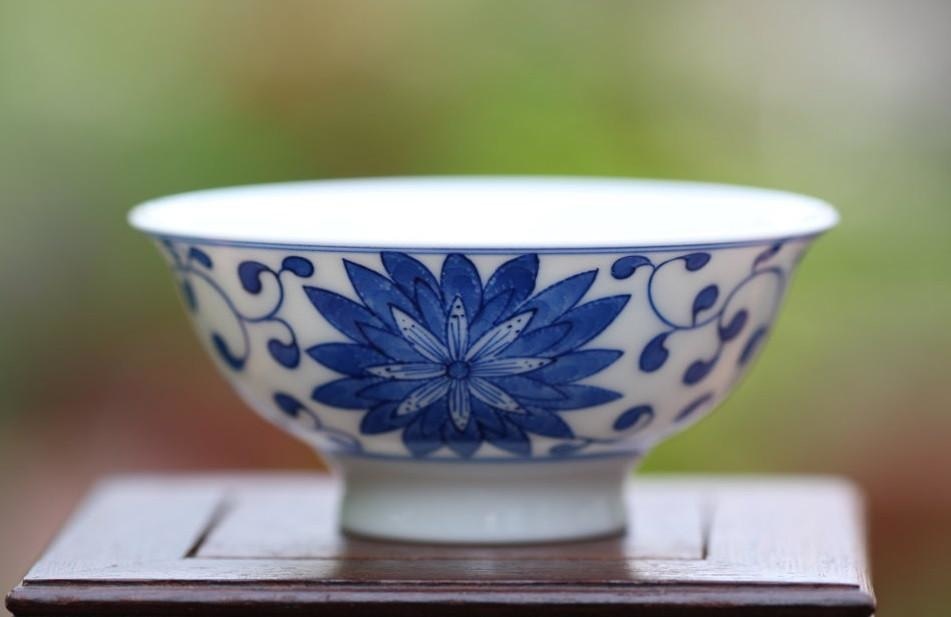 Blue and White Porcelain Flower Motif Teacup Handcrafted