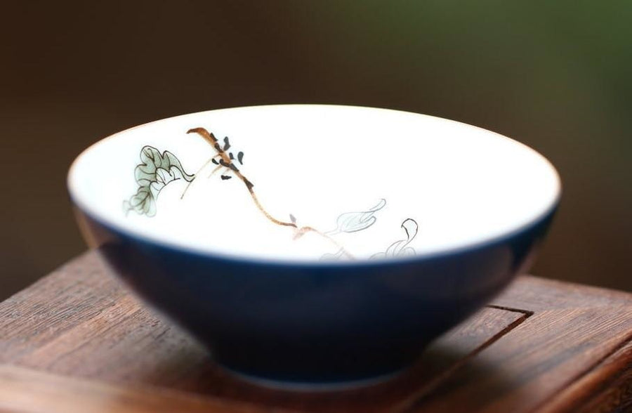 Tea Ware - Fine Porcelain Cup Deep Blue Glaze Floral 60ml MeiMei Teas