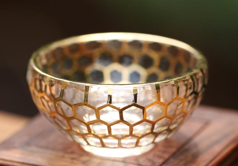 Gold Plated Glass Honeycomb Teacup Hand Crafted