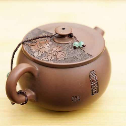 Jian Shui Purple Clay Hand-Carved Flower Lid Teapot