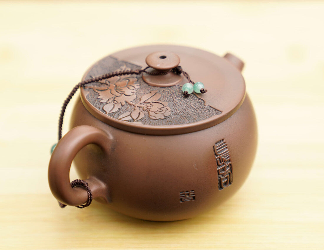 Jian Shui Purple Clay Hand-Carved Flower Lid Teapot