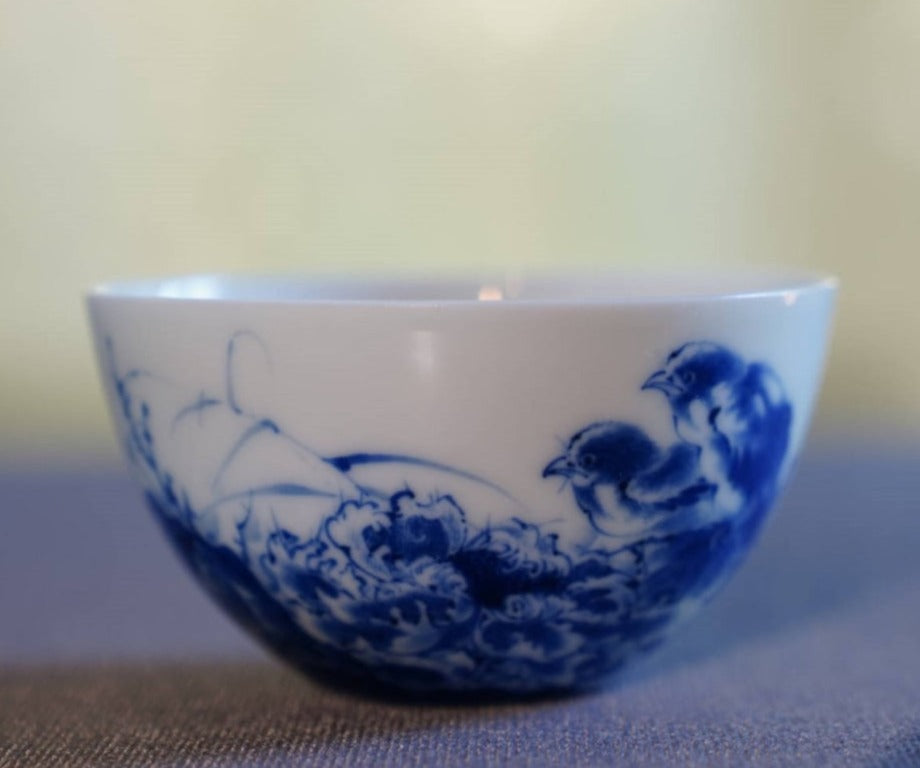 Jingdezhen Blue and White Porcelain Tea Bowl Wang Bu Style Birds