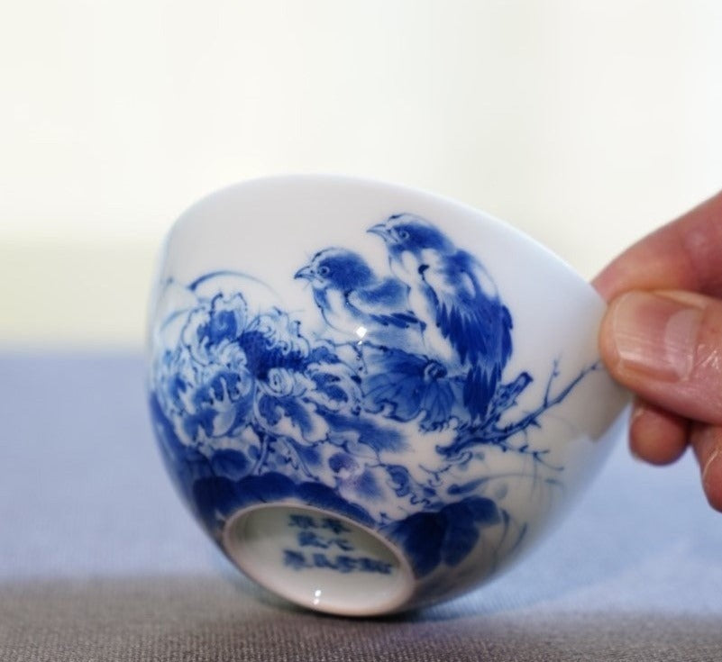 Jingdezhen Blue and White Porcelain Tea Bowl Wang Bu Style Birds