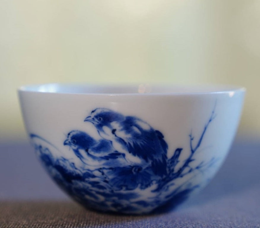 Jingdezhen Blue and White Porcelain Tea Bowl Wang Bu Style Birds