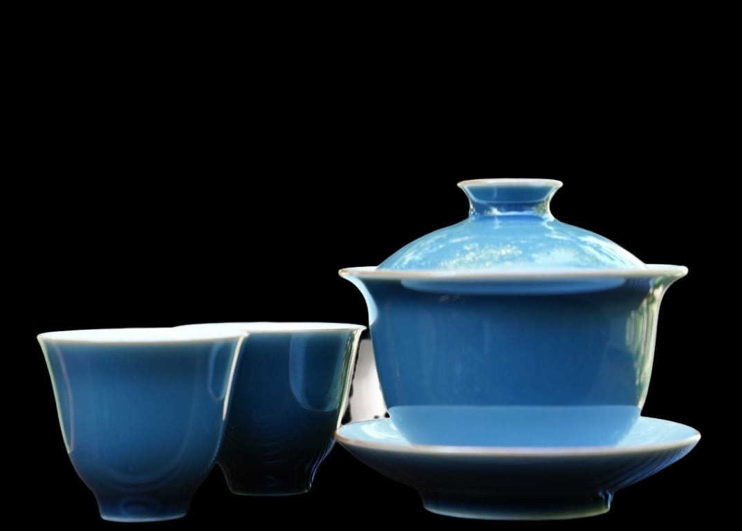 Jingdezhen Deep Aquamarine Glaze Porcelain Gaiwan Set Handmade